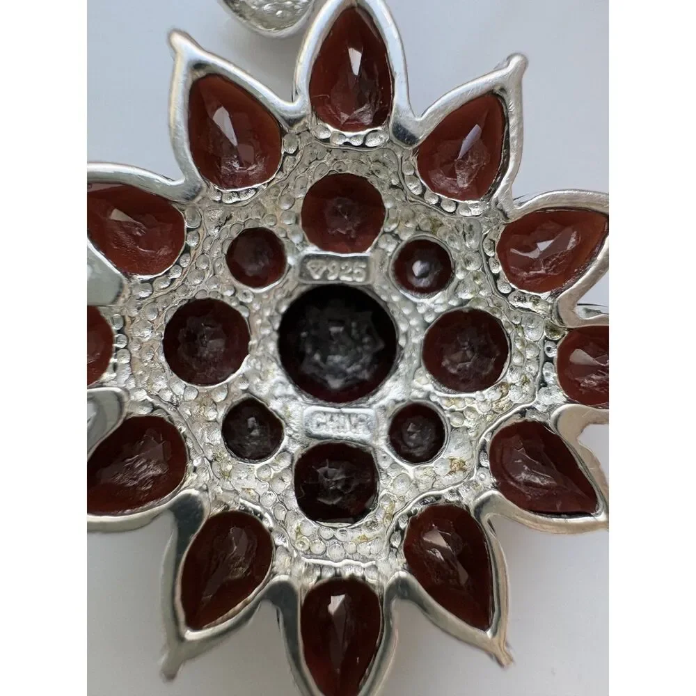 Estate Large Sterling Silver Garnet Pear & Round Cut Sunburst Pendant 14.24cttw